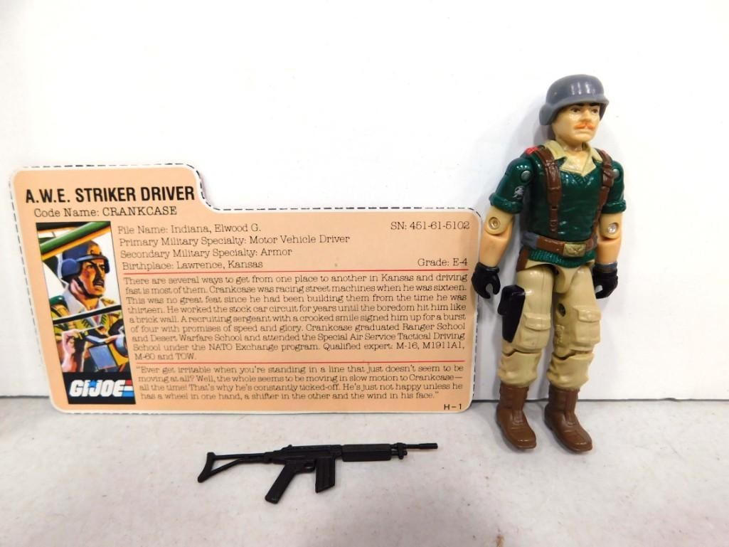Vtg 1985 GI Joe A.W.E. Crankcase Striker Driver 3.75" Figure Complete w Redback File Card Hasbro: V1 Crankcase A.W.E. Driver joints are tight, figure clean, vgc. Complete with rifle, helmet, and redback file card. Mailaway through Hasbro Direct Redbacks are file cards that are red on the back of t
