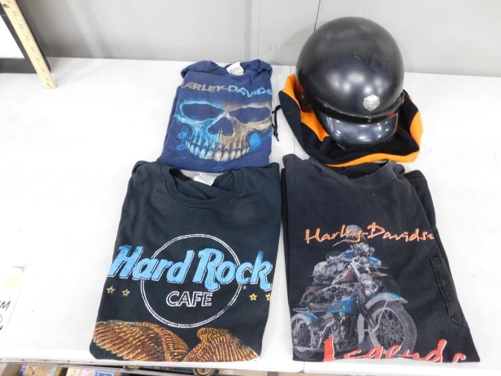 Harley Davidson Motorcycle Helmet, 2 Harley Davidson T-Shirts, 1 Hard Rock Cafe T-Shirt (1 of 10)