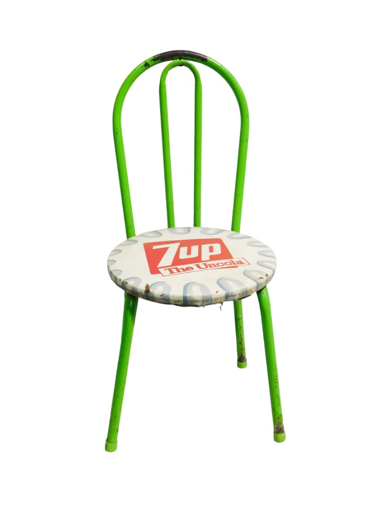 Vintage 7up The Uncola Child's Chair with Advertising Seat: Vintage 7up The Uncola Child's Chair with Advertising Seat Condition: has paint loss on the metal back and legs, some damage to the seat, some rust on the legs, needs tightening. Please see all pi
