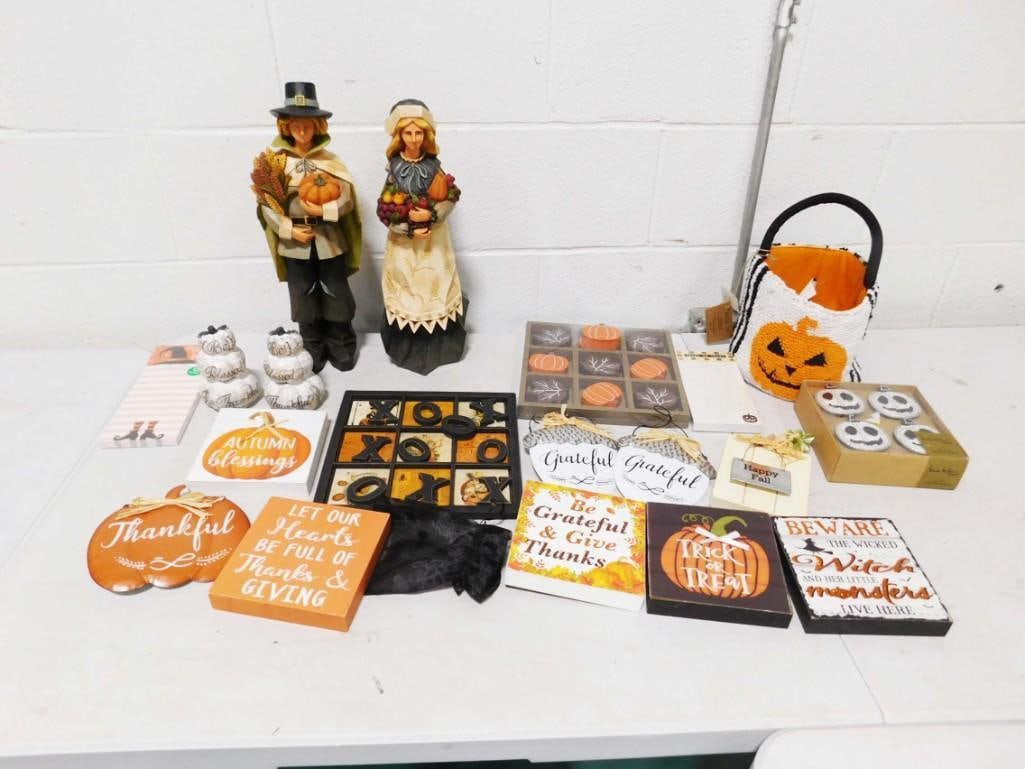 Large Lot of Halloween, Thanksgiving, Autumn or Fall Decorations: Large Lot of Halloween, Thanksgiving, Autumn or Fall Decorations including wall hangings, Thanksgiving figurines, etc