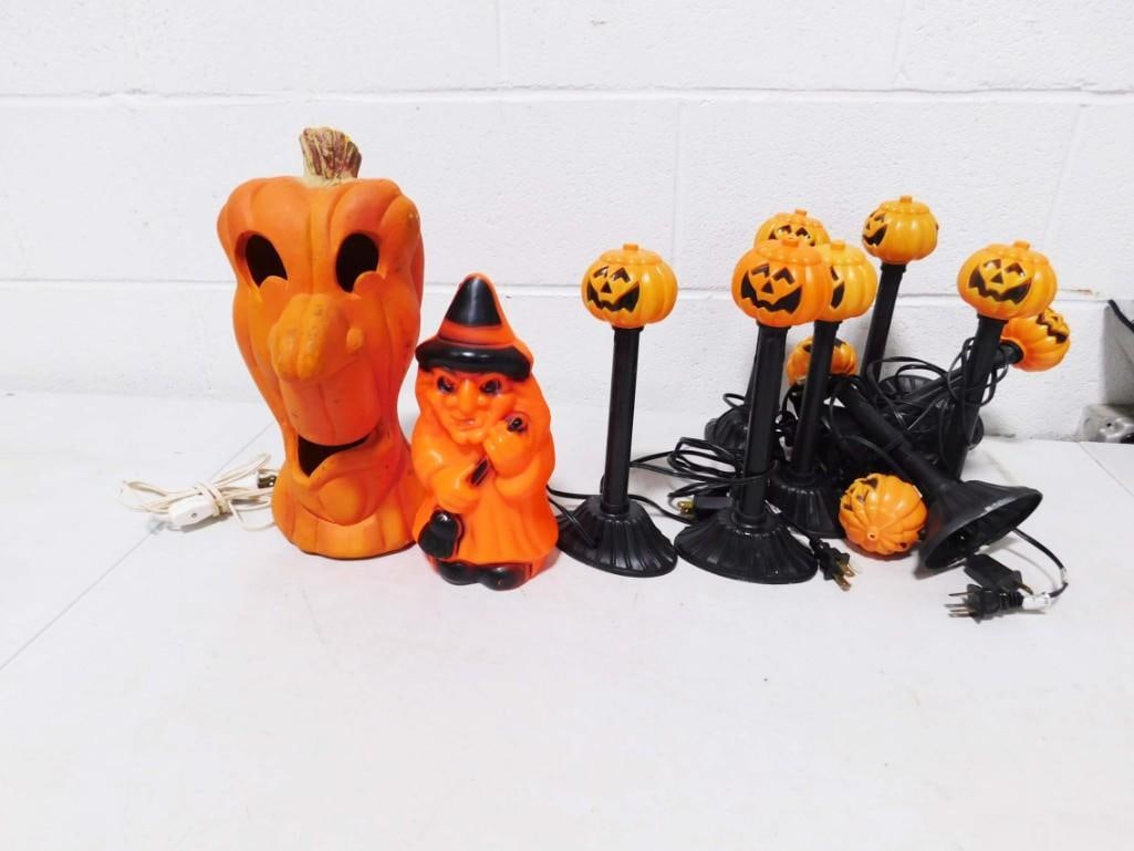 Halloween Lot incl Small Blow Mold Witch, Lighted Jack O Lanterns (1 of 7)