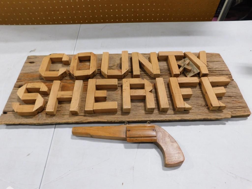 County Sheriff Carved Wood Sign 10" x 24" with Wood Pistol Replica: County Sheriff Carved Wood Sign 10" x 24" with Wood Pistol Replica