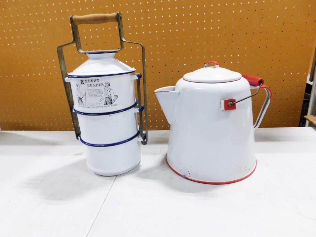 2 Vintage Enamelware Items incl Stackable Lunch Kit with Advertising and Large Red and White Coffee (1 of 4)