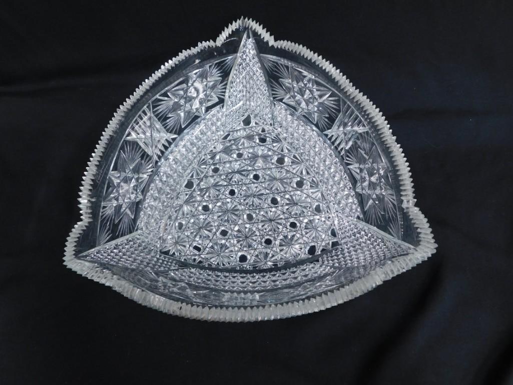 Cut Crystal Triangle Bowl Signed Yasmin: Cut Crystal Triangle Bowl Signed Yasmin