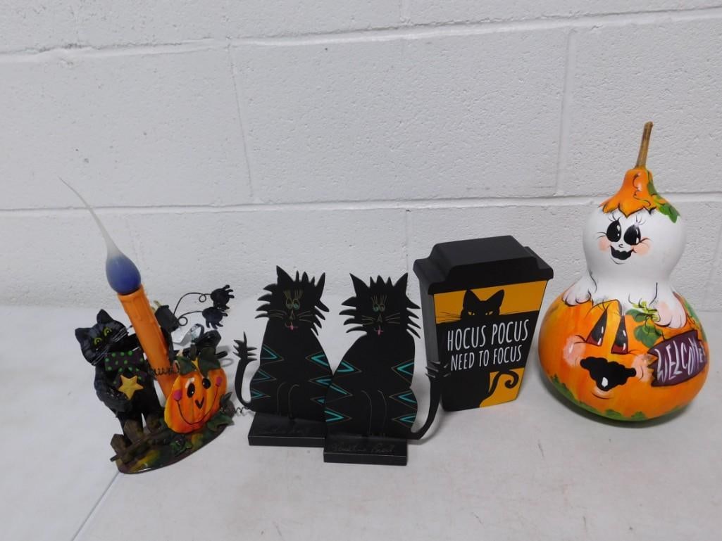 Halloween Lot including Claudine Buell Signed Metal Black Cats, Painted Gourd, Cat / Pumpkin Light, (1 of 9)