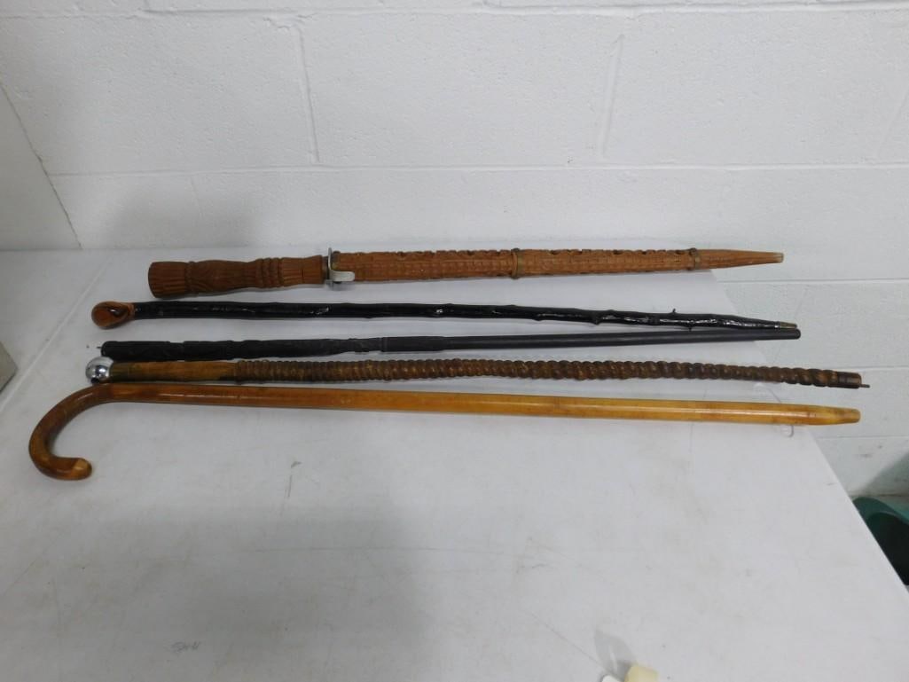 Vintage Walking Sticks / Canes including one that is a big sharp knife/sword with sheath (1 of 8)
