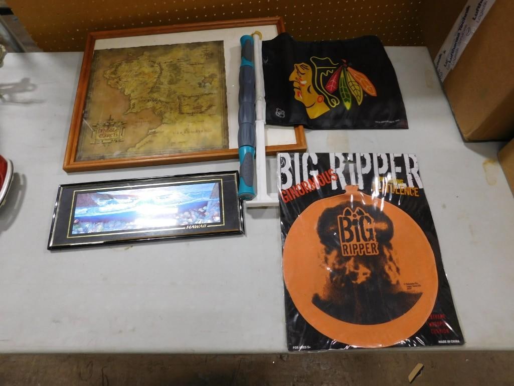 Misc. Lot including Middle Earth Map, Framed Hawaii, Chicago Blackhawks, Big Ripper Whoopie Cushion, (1 of 6)