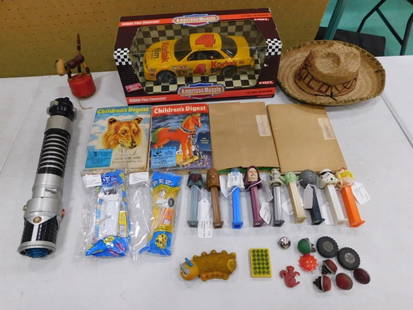 Lot of Smalls and Toys incl Vintage Children's Digest, Star Wars Pez Dispensers,: Lot of Smalls and Toys incl Vintage Children's Digest, Star Wars Pez Dispensers, Ertl American Muscle Model Car New in Box, Souvenir Straw Hat, Snoopy Pez Dispenser in Original Package, Dancing An