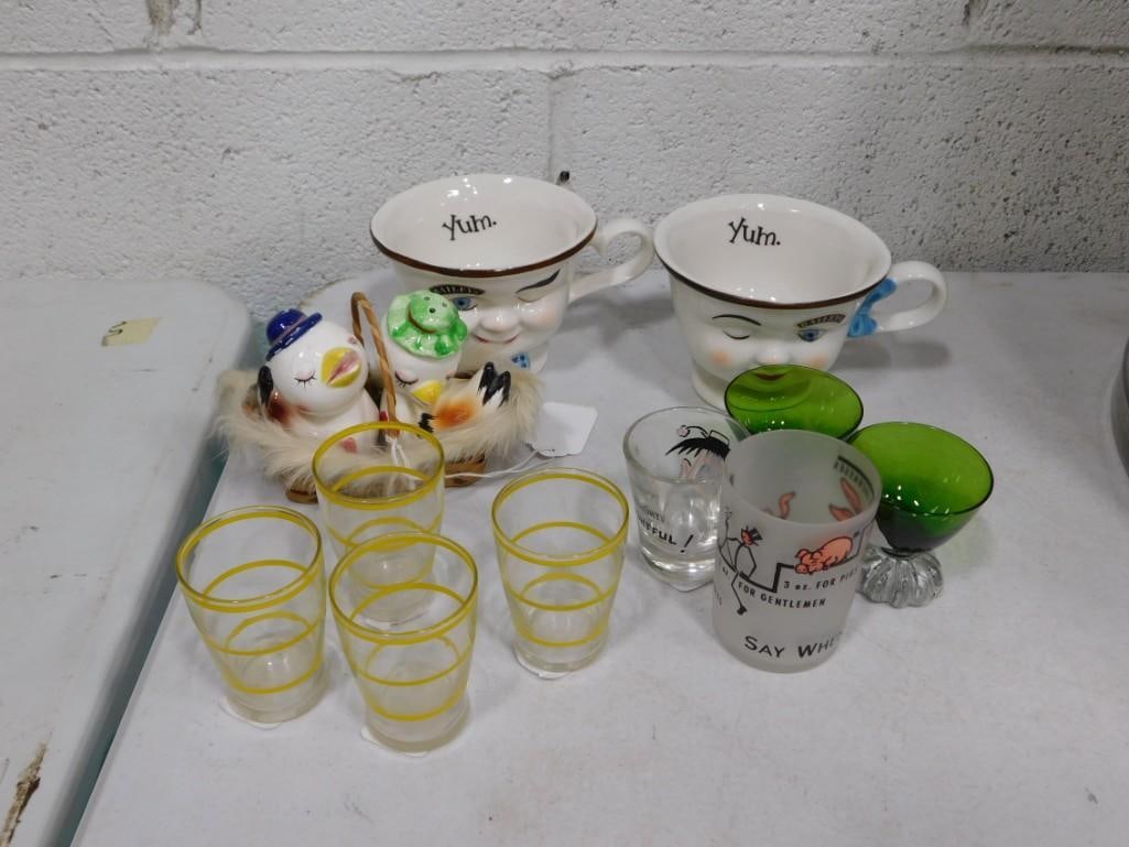 Lot of Vintage and Kitsch Bar Glasses, Etc incl Baileys Winking Face Cups, Vintage Yellow Lined (1 of 9)