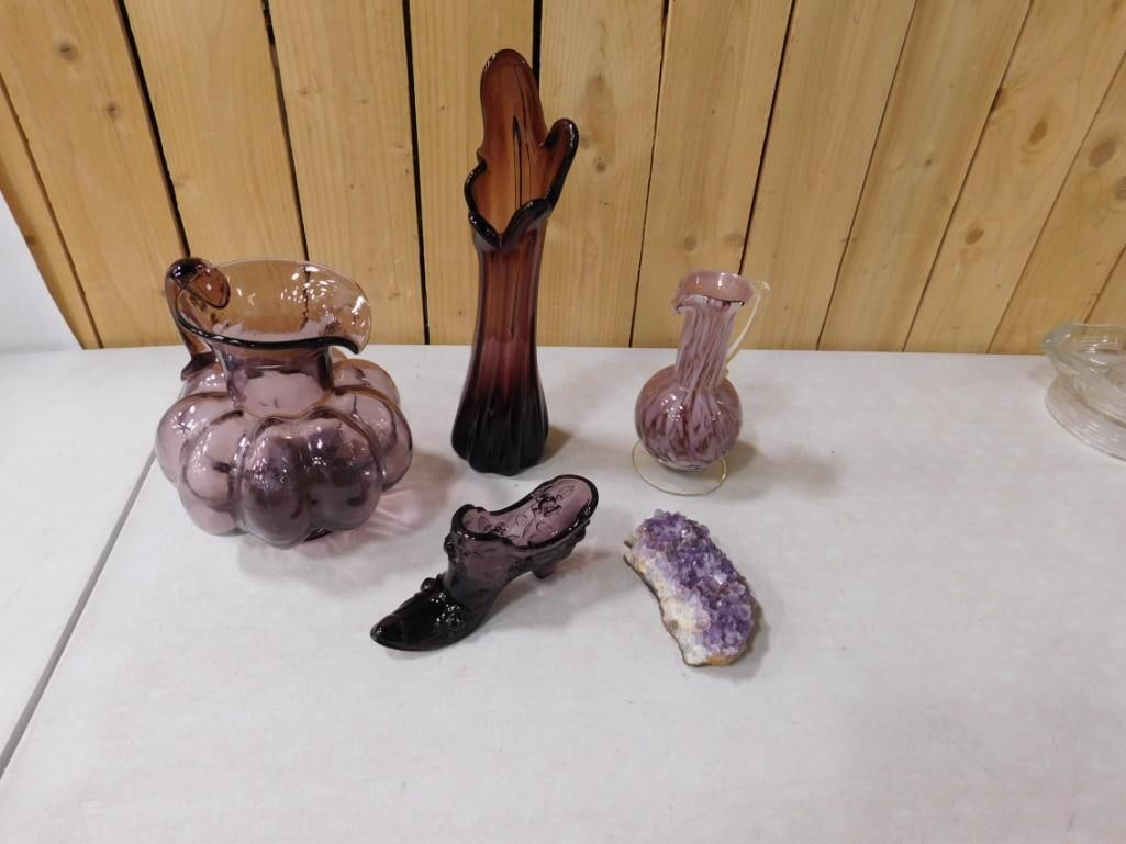 Amethyst Glass Lot incl Stretch or Swung Vase, Hand Blown Melon Pitcher, (1 of 4)