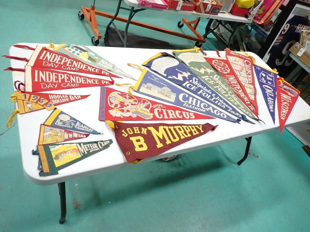 Vintage Pennants incl Circus, John B Murphy, Ice Follies, Wisconsin, Hoover Boulder Dam, (1 of 9)