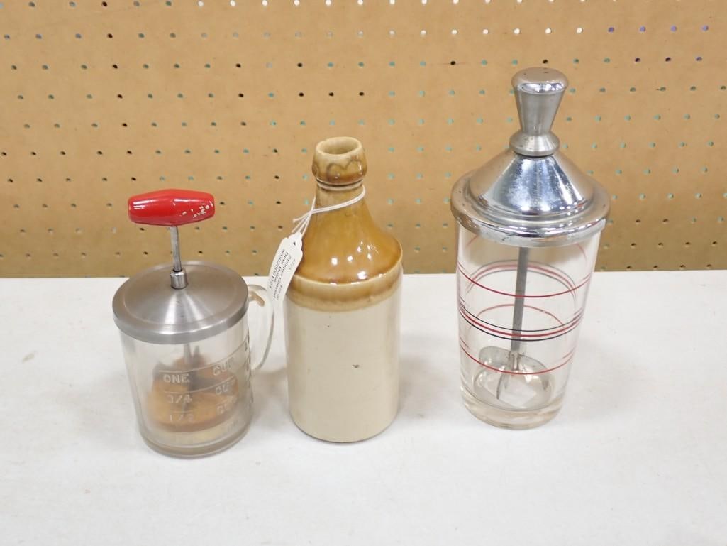 Vintage Kitchen lot including Lightning Ice Crusher, Glazed beer Bottle, Adrock Chopper with both Wo (1 of 8)