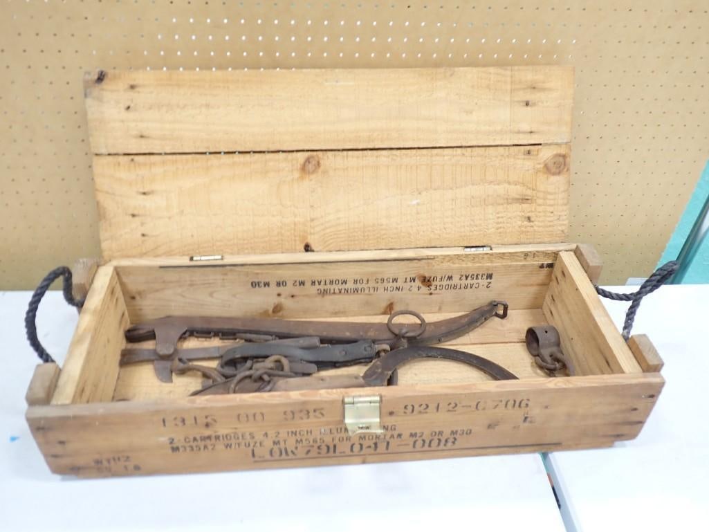 Large Wooden Ammunition Box full of Primitive Tools / barn tools, etc.: Large Wooden Ammunition Box full of Primitive Tools / barn tools, etc.