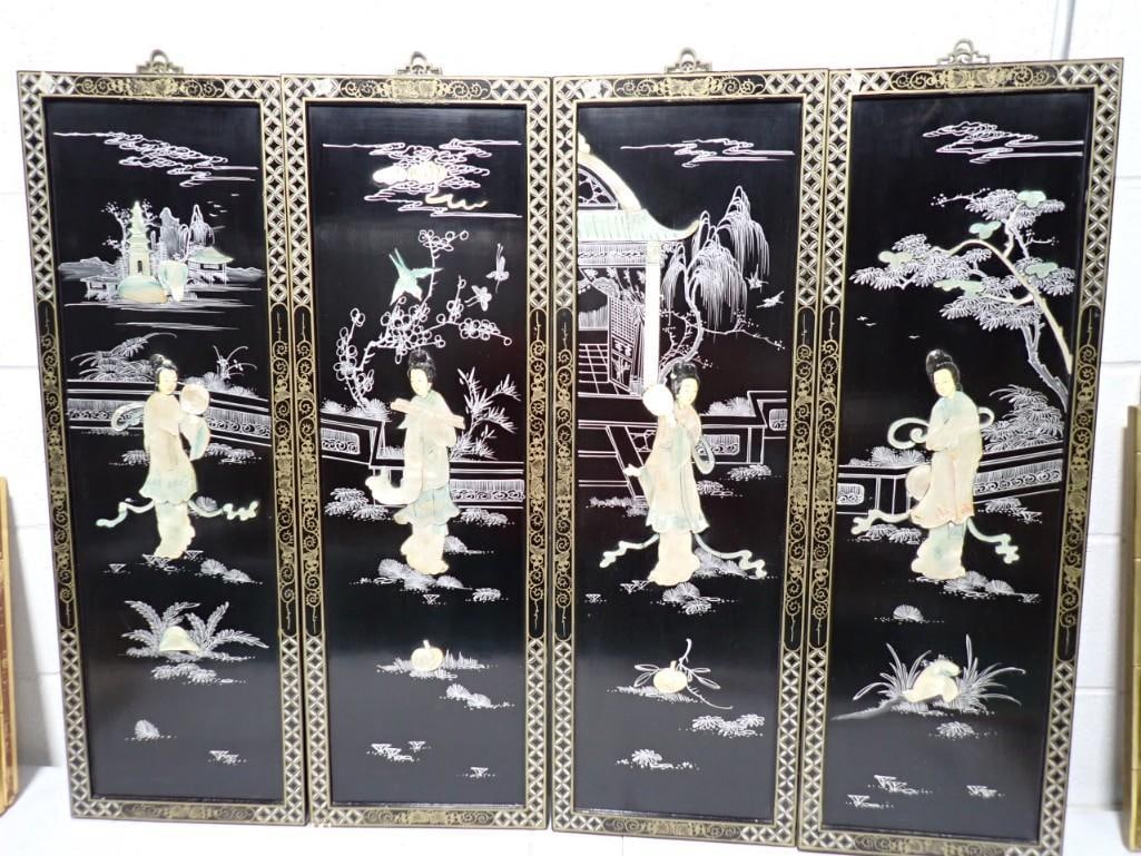4 Asian Style Dressing Screen Panels with Mother of Pearl and Abalone Inlay (1 of 9)