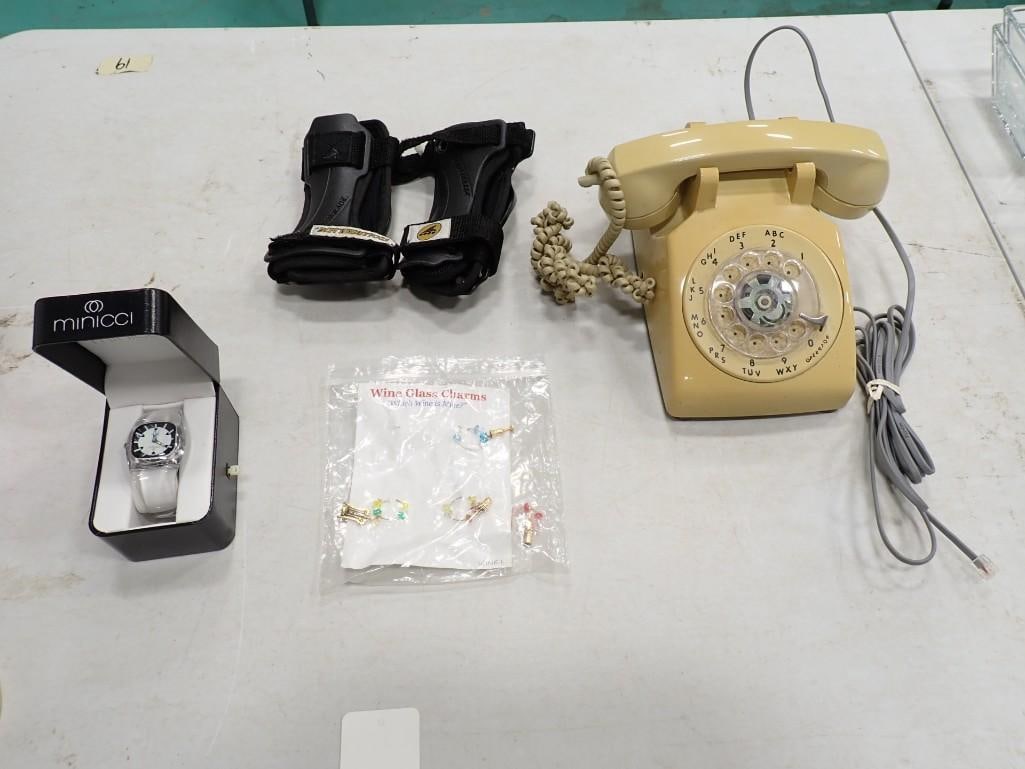 Misc. Lot including rotary dial phone, minicci watch, glass wine charms, wrist guards: Misc. Lot including rotary dial phone, Minicci watch, glass wine charms, wrist guards