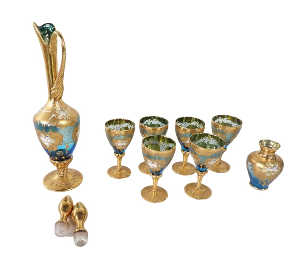 Blue Murano Glass Decanter, Stemware, Vase Set Hand Painted with Gold Gilt: Vintage Blue Murano Glass Decanter, Stemware, Vase Set Hand Painted with Gold Gilt. Has the original Murano San Marco S.R.I. Label and is marked Murano San Marco in gold on the glass. Includes the dec