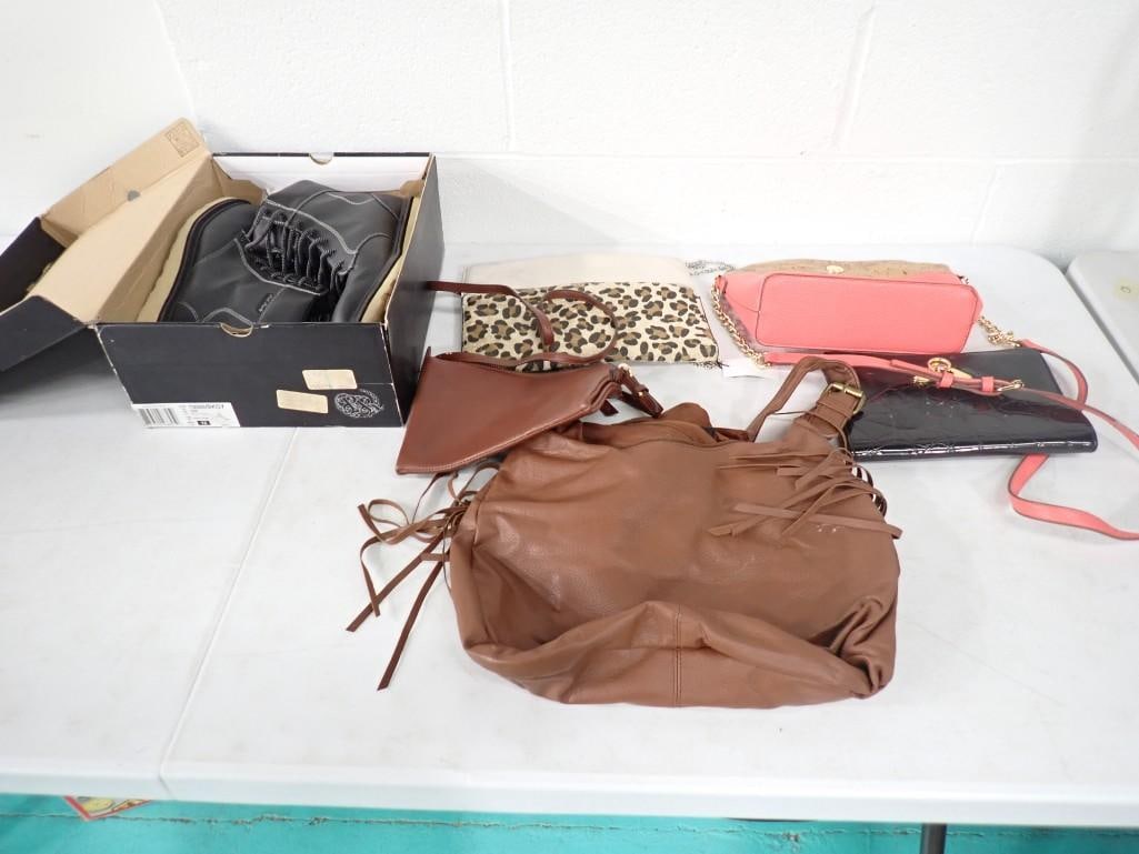 Lot of Purses incl Leather and a Pr of Men's US Size 12 Boots - Lightly Used: Lot of Purses incl Leather and a Pr of Men's US Size 12 Boots - Lightly Used