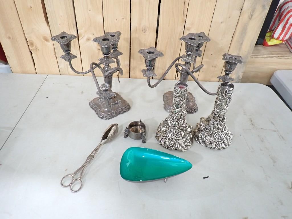 MCM Silver Plated Reed and Barton Ashtray, 2 Candelabra, Candlestick Holders, Salad Tongs, (1 of 8)