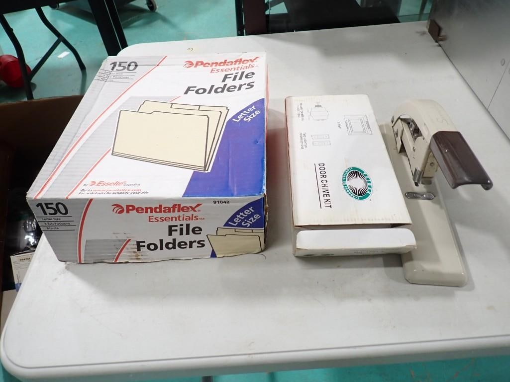Office Lot incl Heavy Duty Stapler, File Folders, Door Chime: Office Lot incl Heavy Duty Stapler, File Folders, Door Chime . Door chime is untested