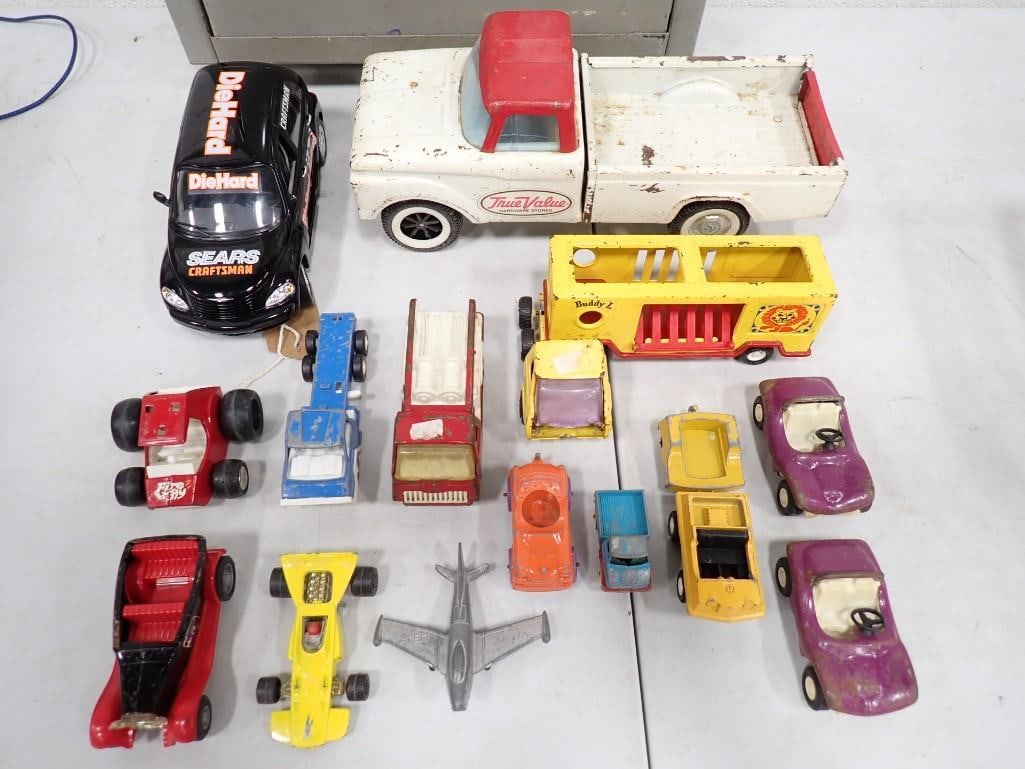 Vintage Toy Trucks and Vehicles incl true Value Hardware Pressed Steel Truck, Buddy L Circus Truck (1 of 9)
