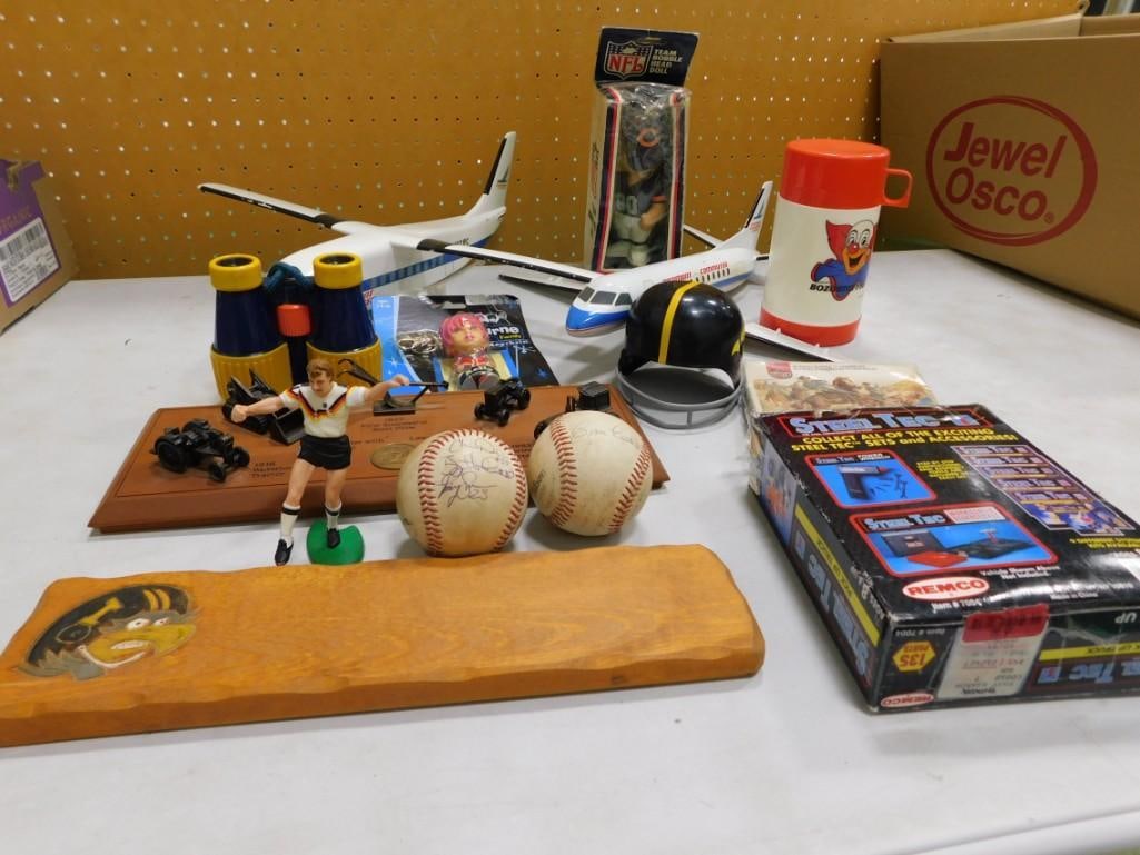 Misc. lot including Model Airplanes, Signed Baseballs, Bozo the Clown Thermos, Binoculars, Steel Tec (1 of 4)