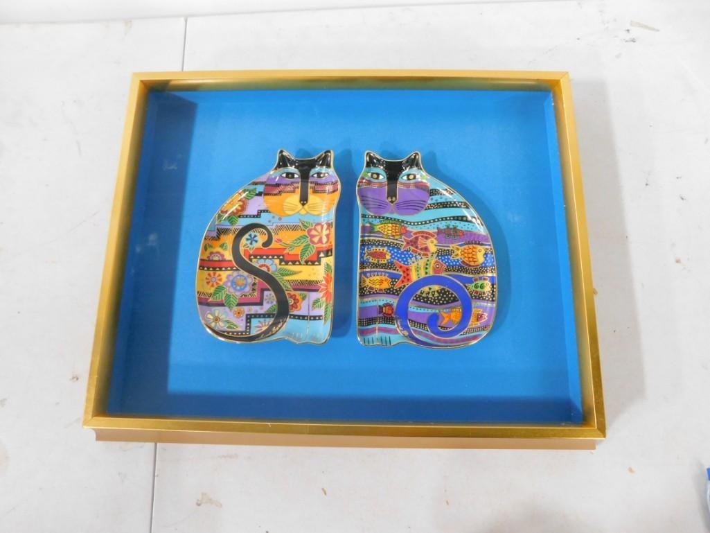 Pair of Franklin Mint Laurel Burch Royal Doulton Cat Fish Plate Gold Gilt Mounted and Framed (1 of 6)