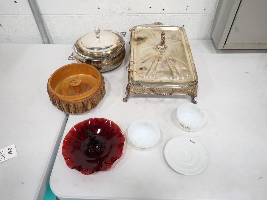 Vintage Serving incl Ruby Red Glass Tidbit Tray with Handle and Scalloped Edge, Wood Nut Bowl, (1 of 6)