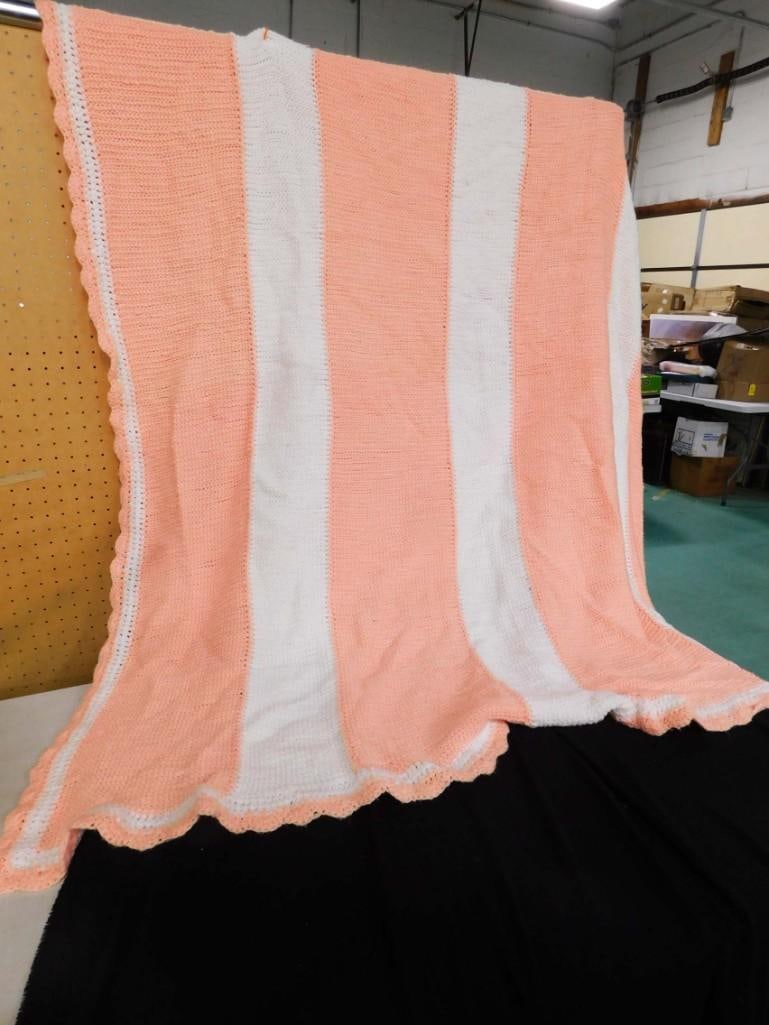 Handmade Crocheted or Knitted Throw Blanket Peach and White 68" x 102" (1 of 4)