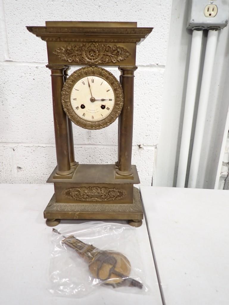 Antique French Brass Pillar Clock with key and pendulum - needs some work (1 of 9)