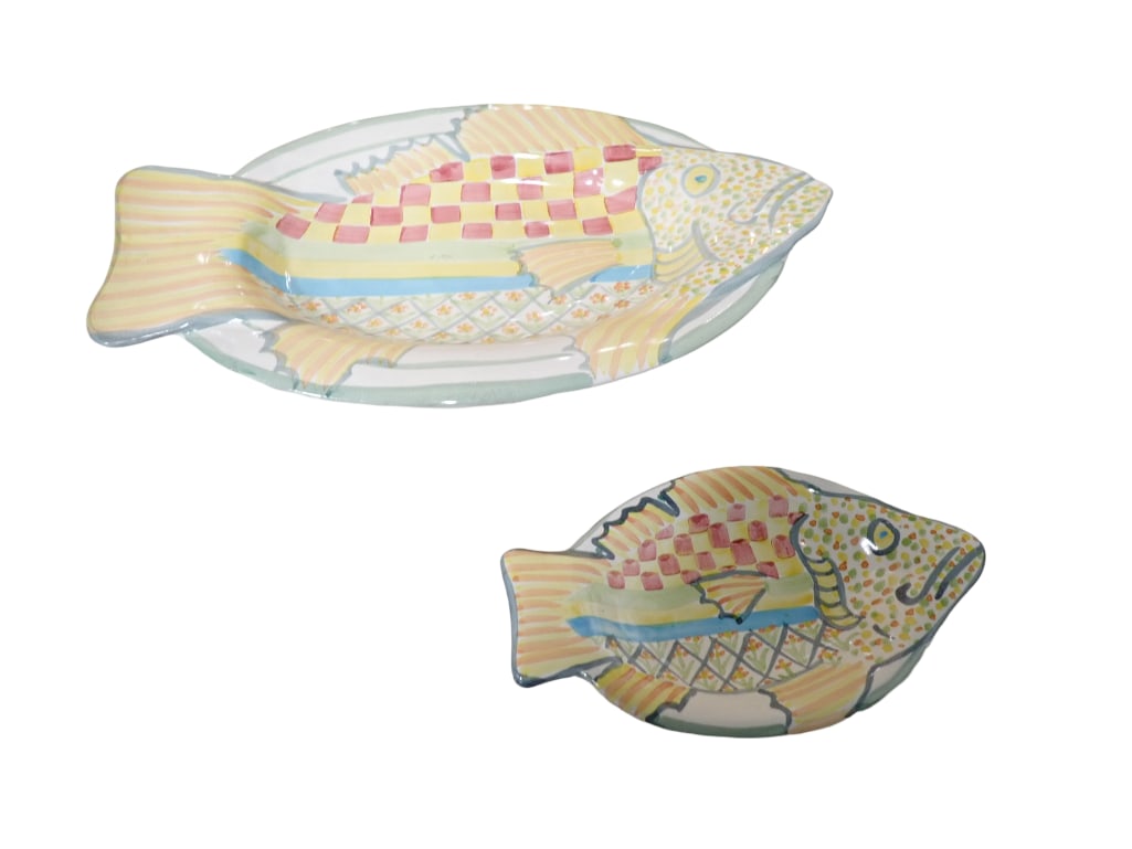 2 Mackenzie Childs Fish Story Painted Ceramic Dishes incl 1 Dinner Platter 15" and 1 Salad Plate (1 of 8)