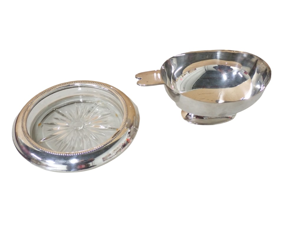 B-I Silver Rimmed and Glass Wine Coaster (diameter 6 3/4") and an Eisenberg Lozano Silverplate Oval: B-I Silver Rimmed and Glass Wine Coaster (diameter 6 3/4") and an Eisenberg Lozano Silverplate Oval Handled Dish