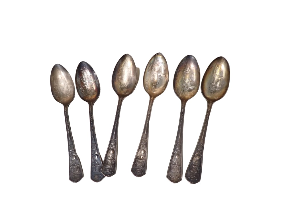 6 Chicago World's Fair 1933 Century of Progress Spoons incl 1 Hall of Science, 1 East View: 6 Chicago World's Fair 1933 Century of Progress Spoons incl 1 Hall of Science, 1 East View Administration Building, 1 Science Court, 1 Fort Dearborn, General Exhibits Group, 1 Administration Build