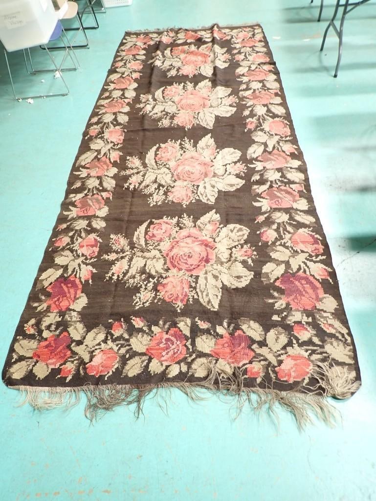 Bessarabian Wool Kilim Flatweave Rug Pink Rose Blossom Medallions with Tan Leaves Against a Brown Gr (1 of 12)