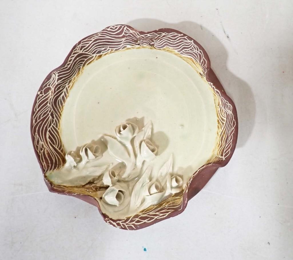 Edith Adi (Argentinian, b. 1934); Hand Built Painted Ceramic Dish with Applied Rose Blossom Decorati (1 of 6)