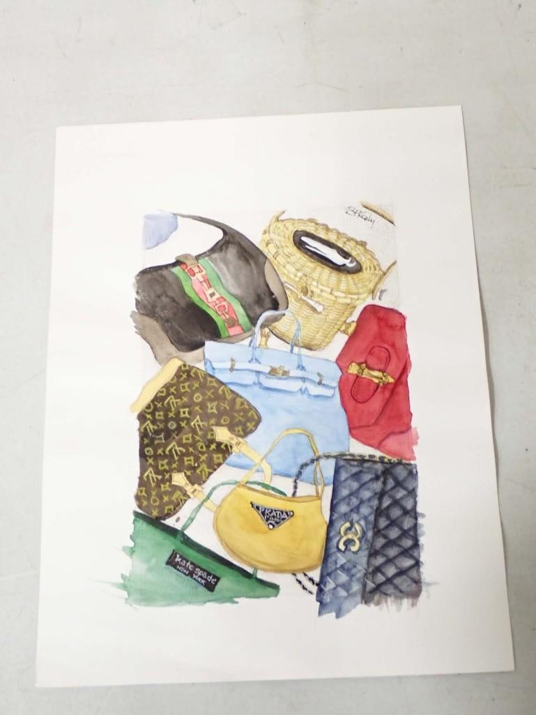 Susie Kealy (American, Contemporary) "Handbags", Watercolor on Paper: Susie Kealy (American, Contemporary) "Handbags", Watercolor on Paper depicting designer handbags by Hermes, Chanel, Prada, Louis Vuitton, Guicci, Kate Spade, and a Nantucket basket. Signed in