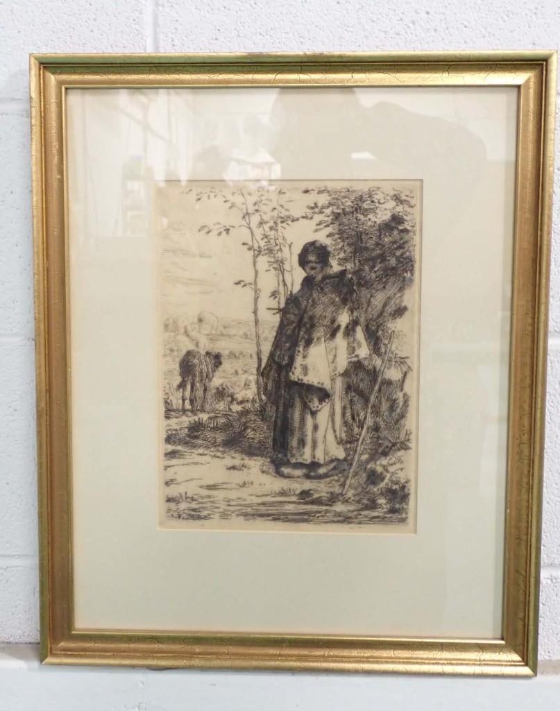 Jean Francois Millet (French, 1814-1875); La Grande Bergere (Shepherdess Knitting). Etching, Signed (1 of 7)