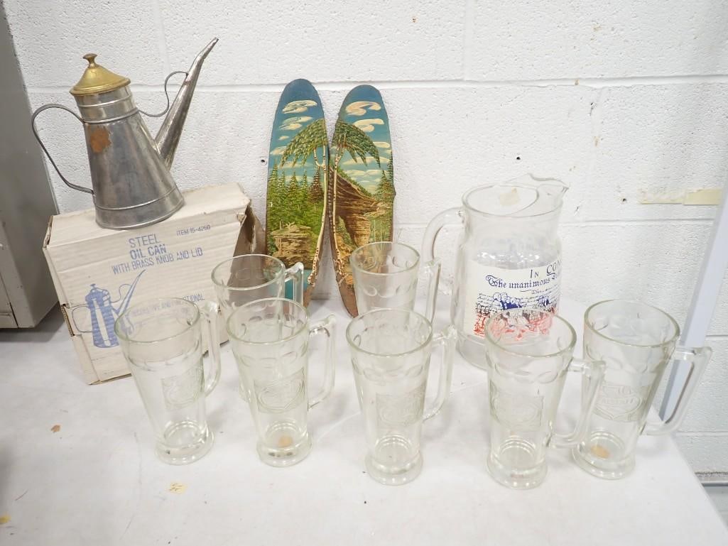 Misc. Lot including 7 Flagstaff Beer Mugs, Bicentennial Pitcher, Steel Oil Can with box, Decorative (1 of 11)