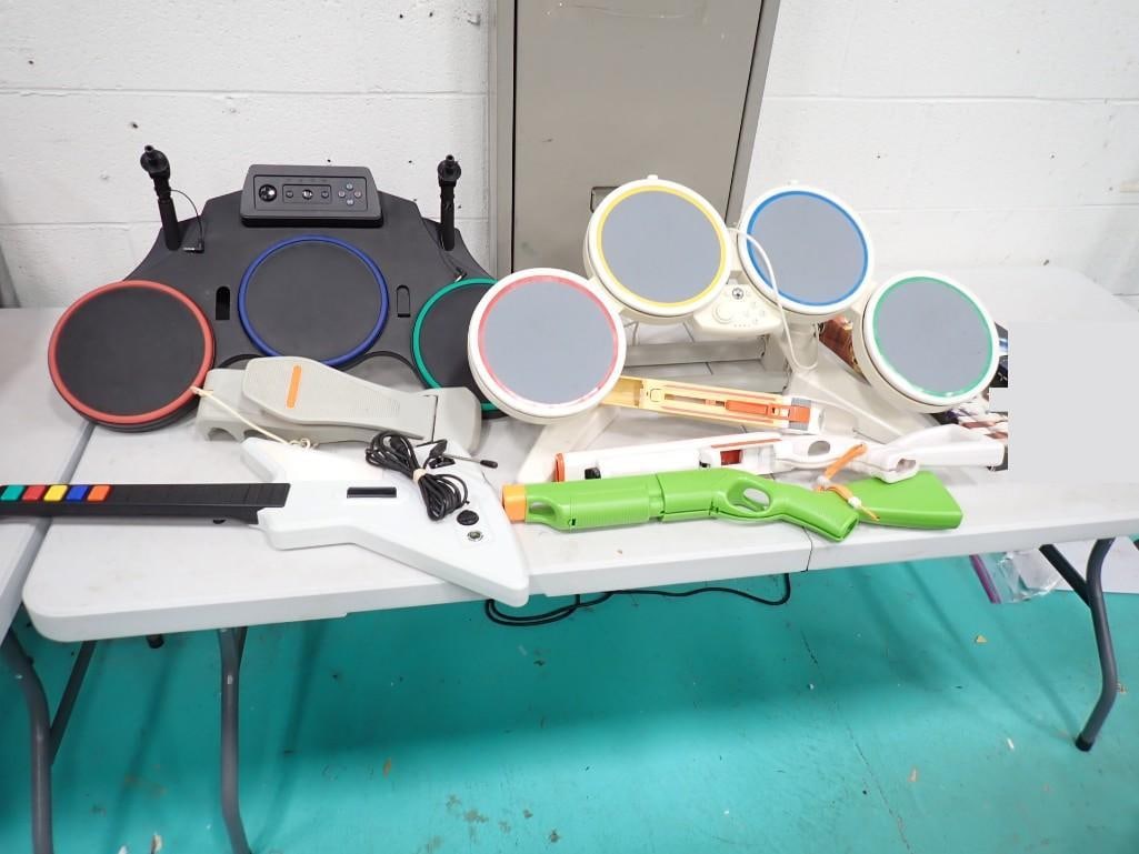 Video Game Accessory Lot including Rock Band Drums, Guitar, Foot pedal, Light Guns: Video Game Accessory Lot including Rock Band Drums, Guitar, Foot pedal, Light Guns