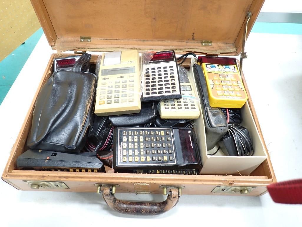Vintage Calculator Lot plus a brief case to hold them.  Including Texas Instruments, Scientific, etc (1 of 5)