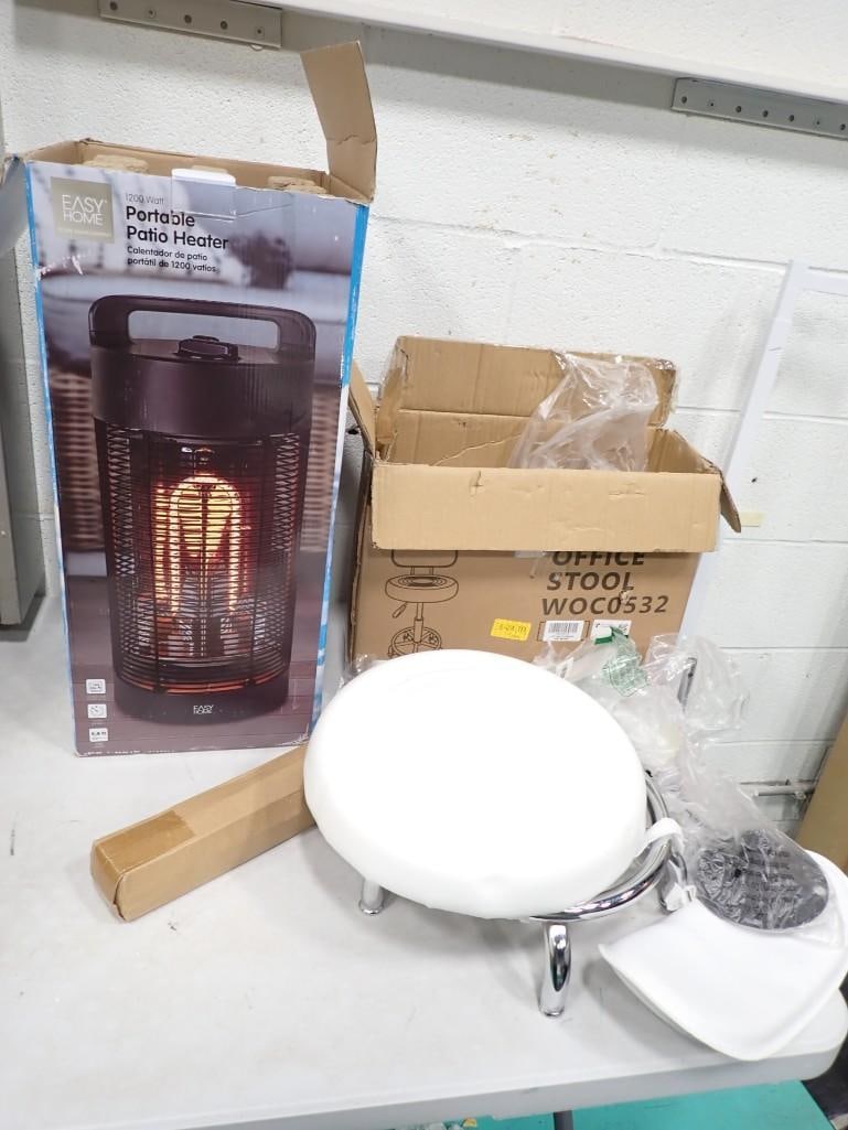Space Heater and Stool: Space Heater and Stool Condition: stool need assembly and is not checked for completeness (there are screws, etc, though). Space heater has not been tested