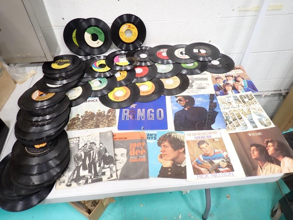 Vinyl 45 Records - some with sleeves including Ringo Starr, Beach Boys, Harrison, Wham! The Beatles: Vinyl 45 Records - some with sleeves including Ringo Starr, Beach Boys, Harrison, Wham! The Beatles, Gary Puckett, Norman Greenbaum, Van Morrison, etc.