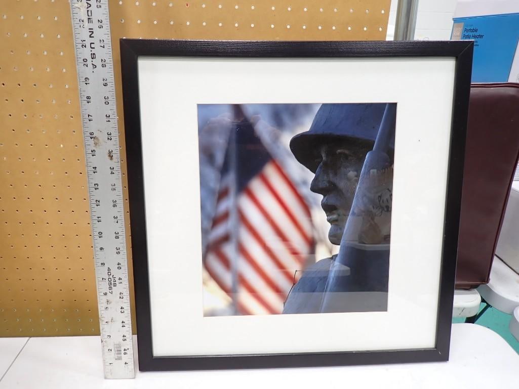 Framed Photo Soldier Statue with US Flag - roughly 21x21" (1 of 4)