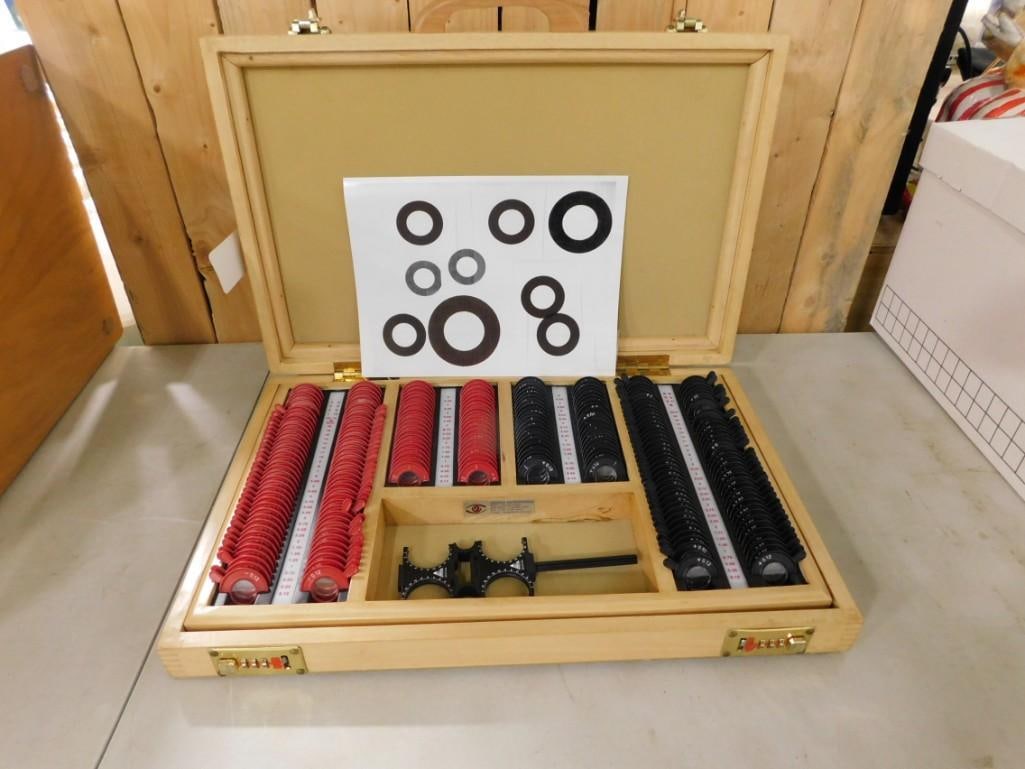 Optometrist Lenses and Charts in a Wood Box or Case: Optometrist Lenses and Charts in a Wood Box or Case