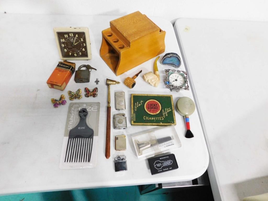 Vintage Smalls incl Lighters, Vintage Cigarette Tin, Pipe Stand, Clock, Candle Snuffer, etc (1 of 5)