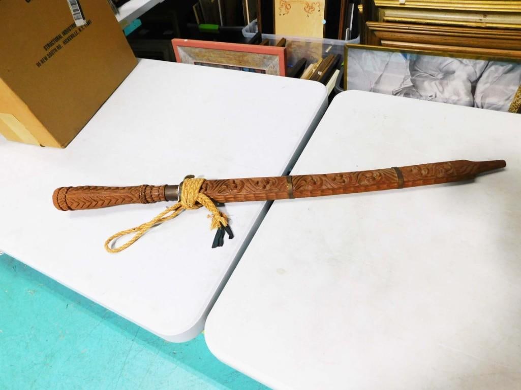 Sword with Carved Wood Handle and Sheath: Sword with Carved Wood Handle and Sheath Condition: has rust on the blade