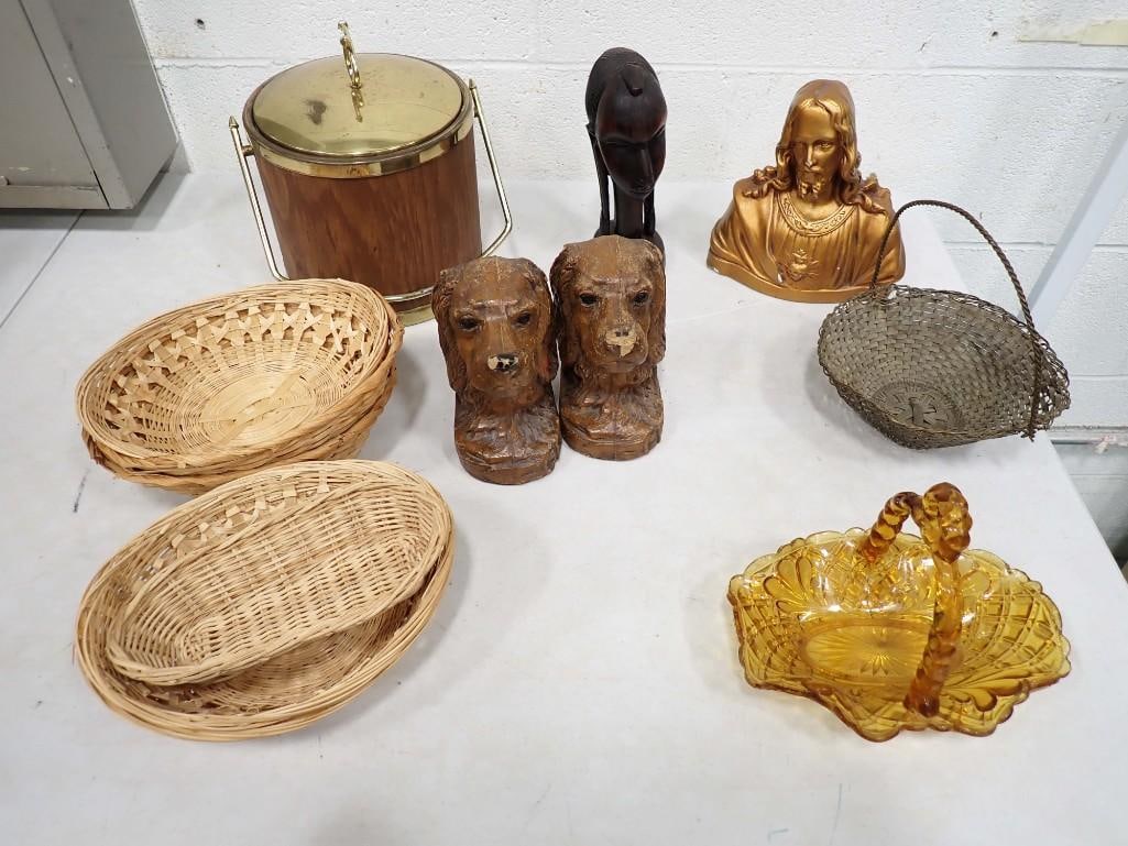 Misc incl Vintage Ice Bucket, Wicker Baskets, Chalkware, Dog Bookends, (1 of 4)