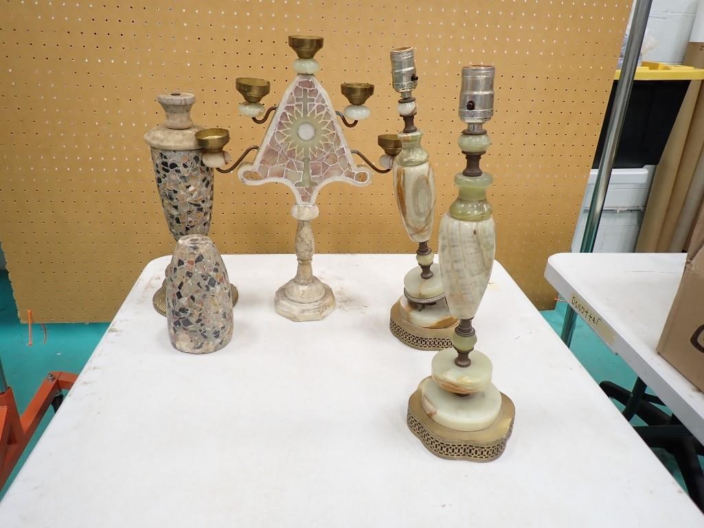 Pr of Carved Stone Lamps, Candelabra, Mosaic Items (1 of 4)