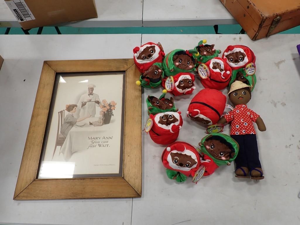 African American Dolls and a Framed Cream of Wheat Ad Replica: African American Dolls and a Framed Cream of Wheat Ad Replica