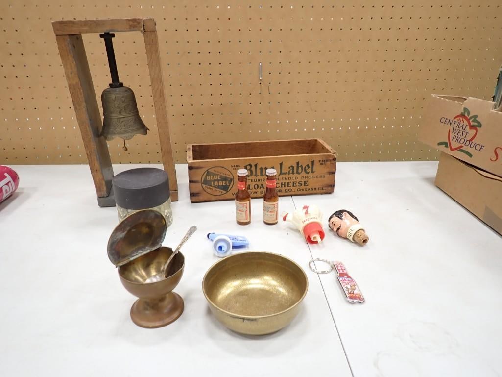 Misc Lot incl Vintage Brass Bell, Smalls, Wine Toppers, Brass Miniature Globe, Etc: Misc Lot incl Vintage Brass Bell, Smalls, Wine Toppers, Brass Miniature Globe, Etc