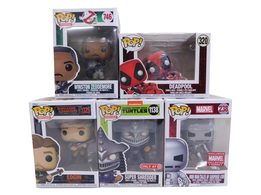 5 Funko Pop Figures incl Deadpool, Edgin, Super Shredder, Winston Zeddemore, Iron Man (1 of 4)